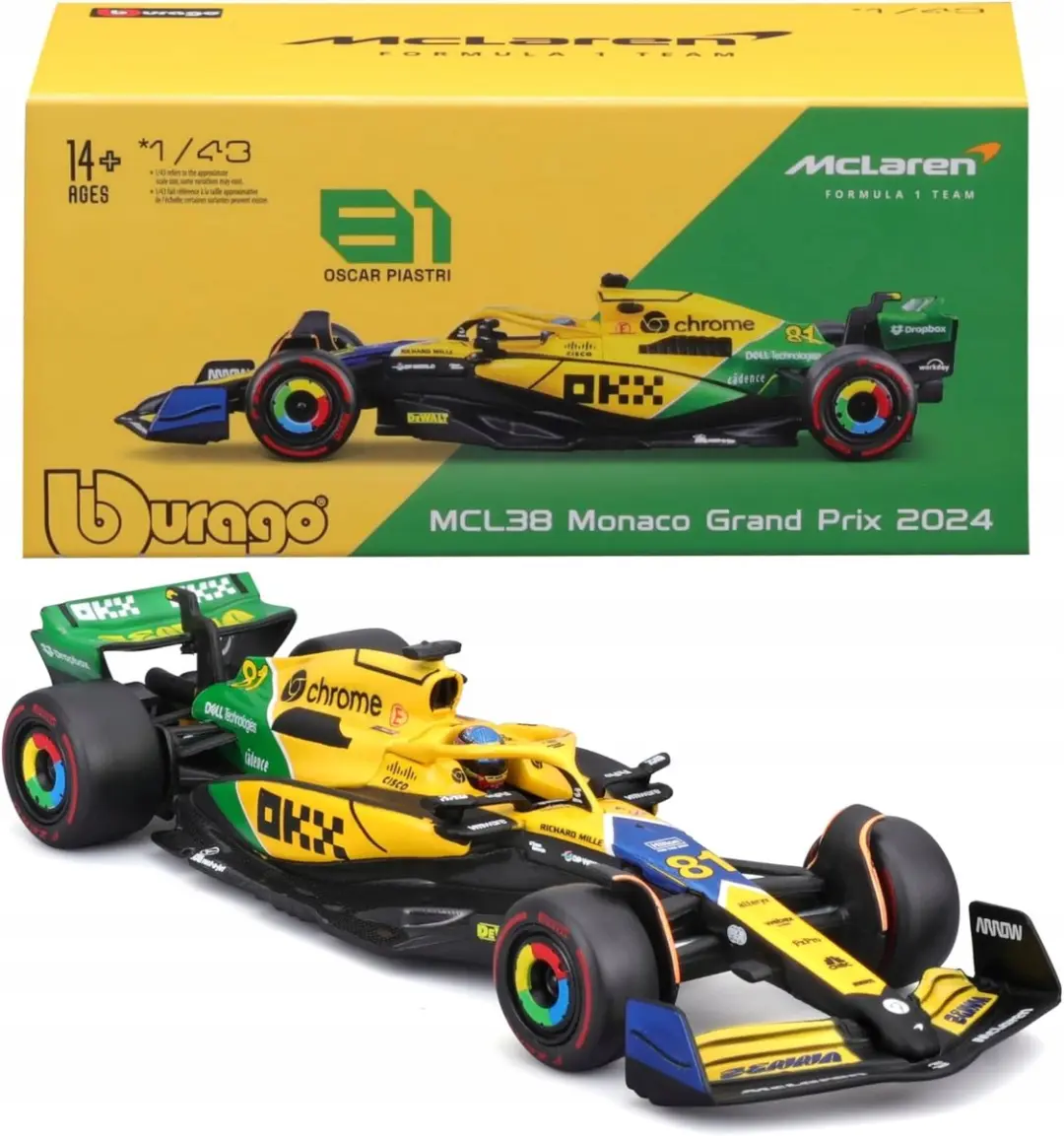 F1 McLaren MCL38 2024 modelauto met helm Norris Senna livery speelgoedauto.