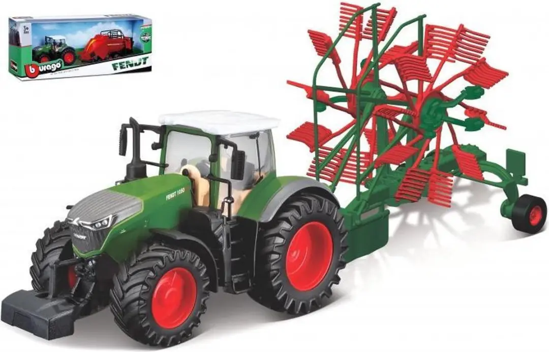 Bburago Fendt 1050 VARIO + WHIRL RAKE groen/rood schaalmodel 10 CM