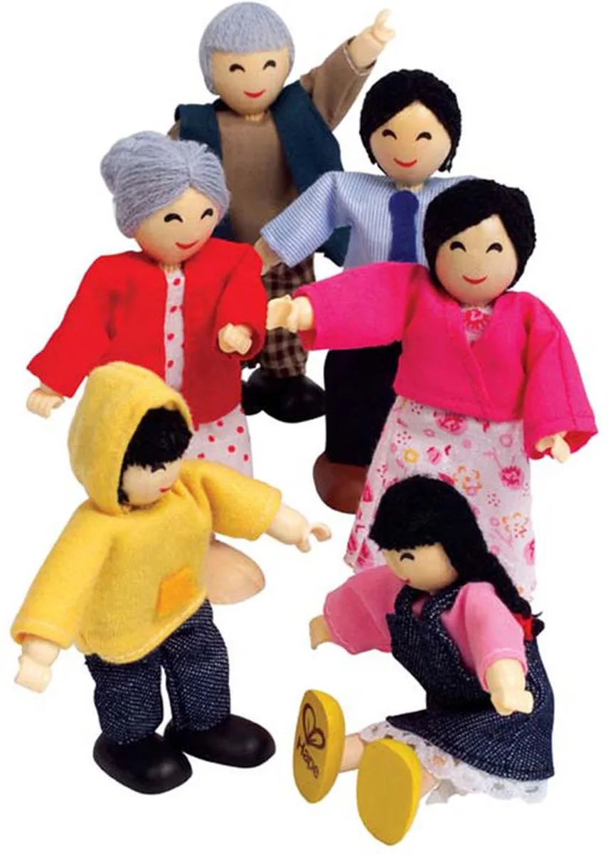 Hape Happy Familie Aziaat Poppenhuispop - 6 Poppen & 6 Meubels - Geel