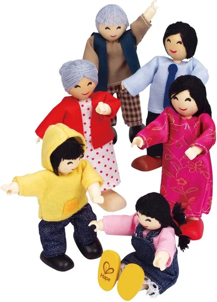 Hape Happy Familie Aziaat Poppenhuispop - 6 Poppen & 6 Meubels - Geel