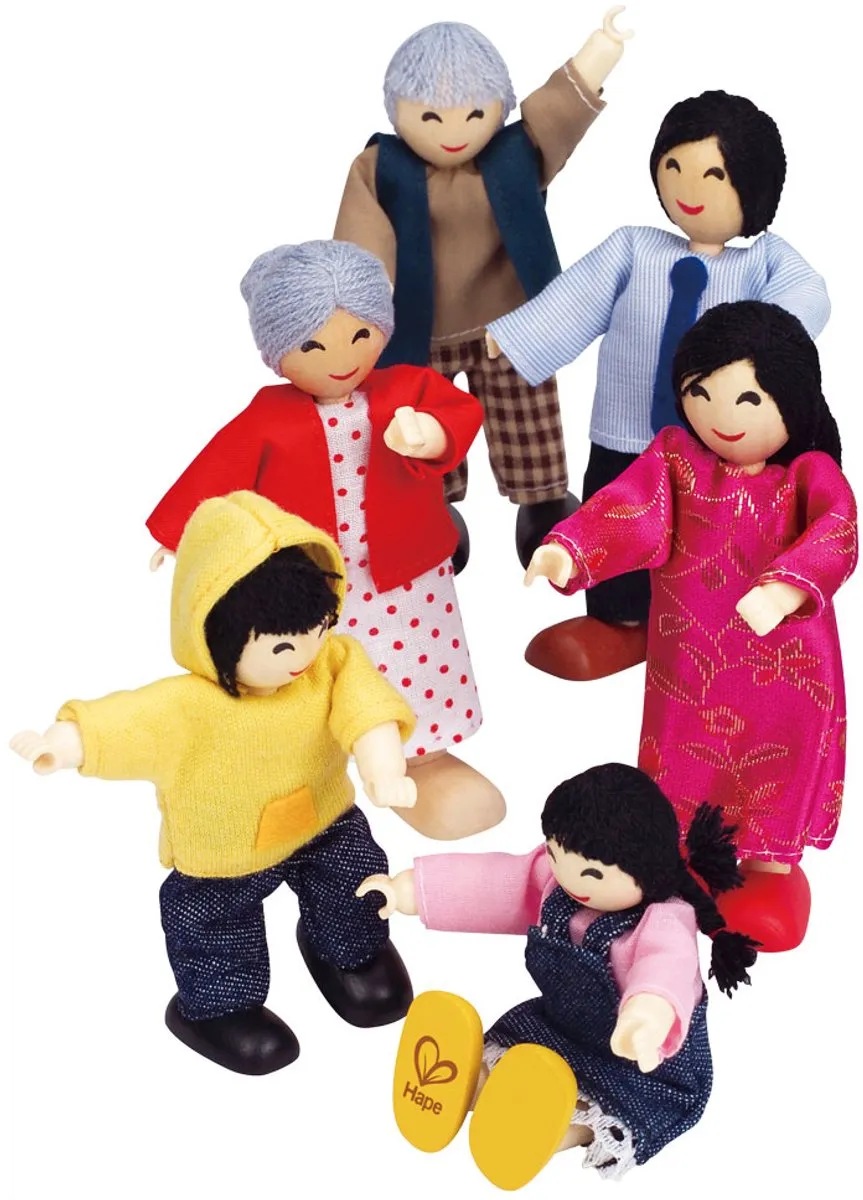 Hape Happy Familie Aziaat Poppenhuispop - 6 Poppen & 6 Meubels - Geel