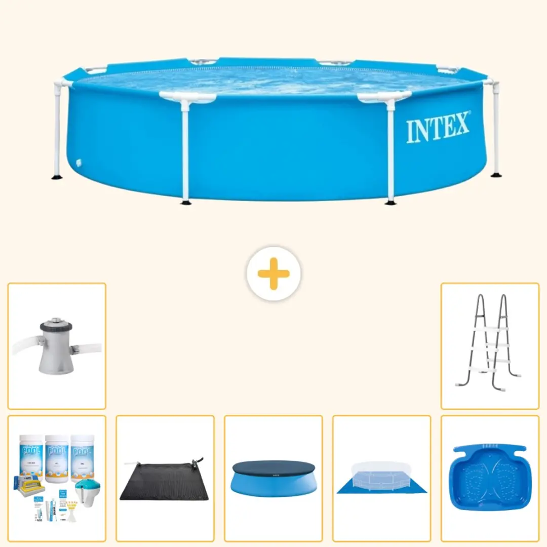 Intex Rond Frame Zwembad - 244 x 51 cm - Blauw - Inclusief Onderhoudspakket - Solar Mat - Afdekzeil - Grondzeil - Zwembadfilterpomp - Voetenbad - Ladder - 8-delig