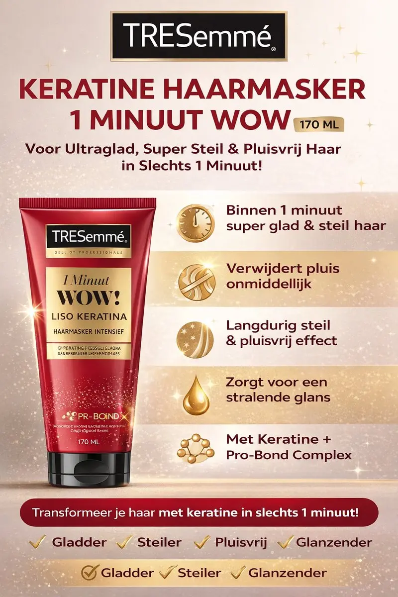 STIJL HAREN IN 1 MINUUT  Intensief WOW Haarmasker met Gehydrolyseerde Keratine &