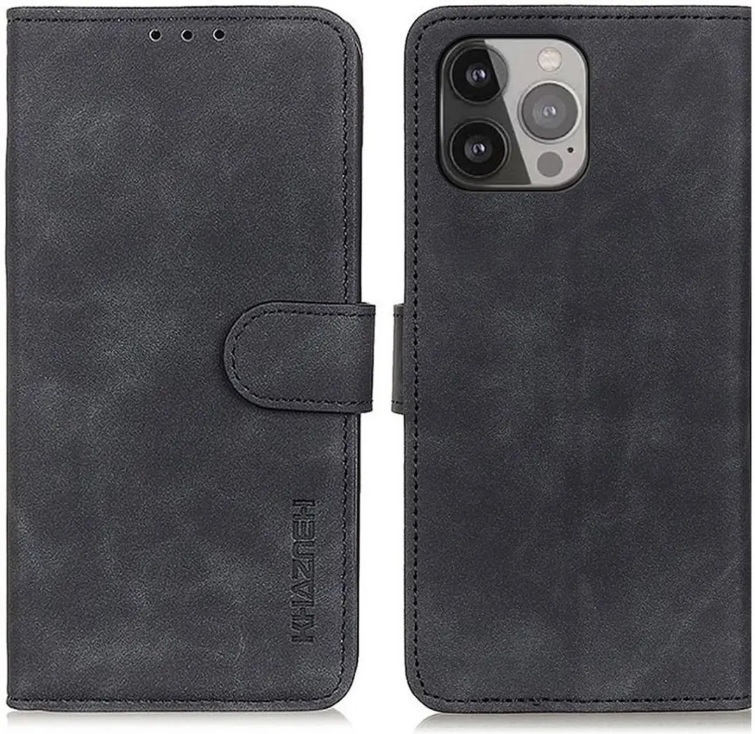 Khazneh Retro Wallet Book Case iPhone 13 Pro Max - Zwart