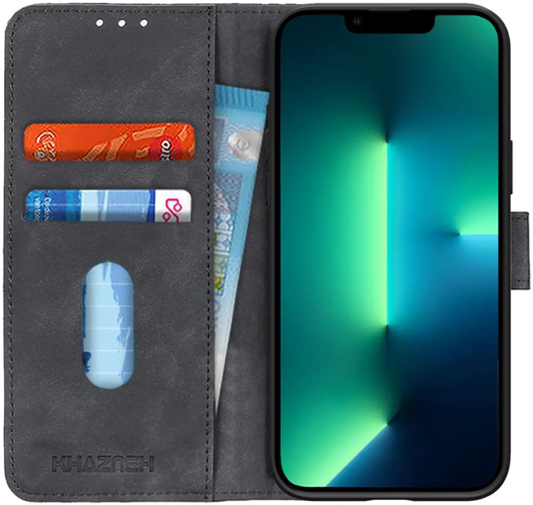 Retro Wallet Book Case Zwart Hoesje Geschikt voor Apple iPhone 13 Pro Max