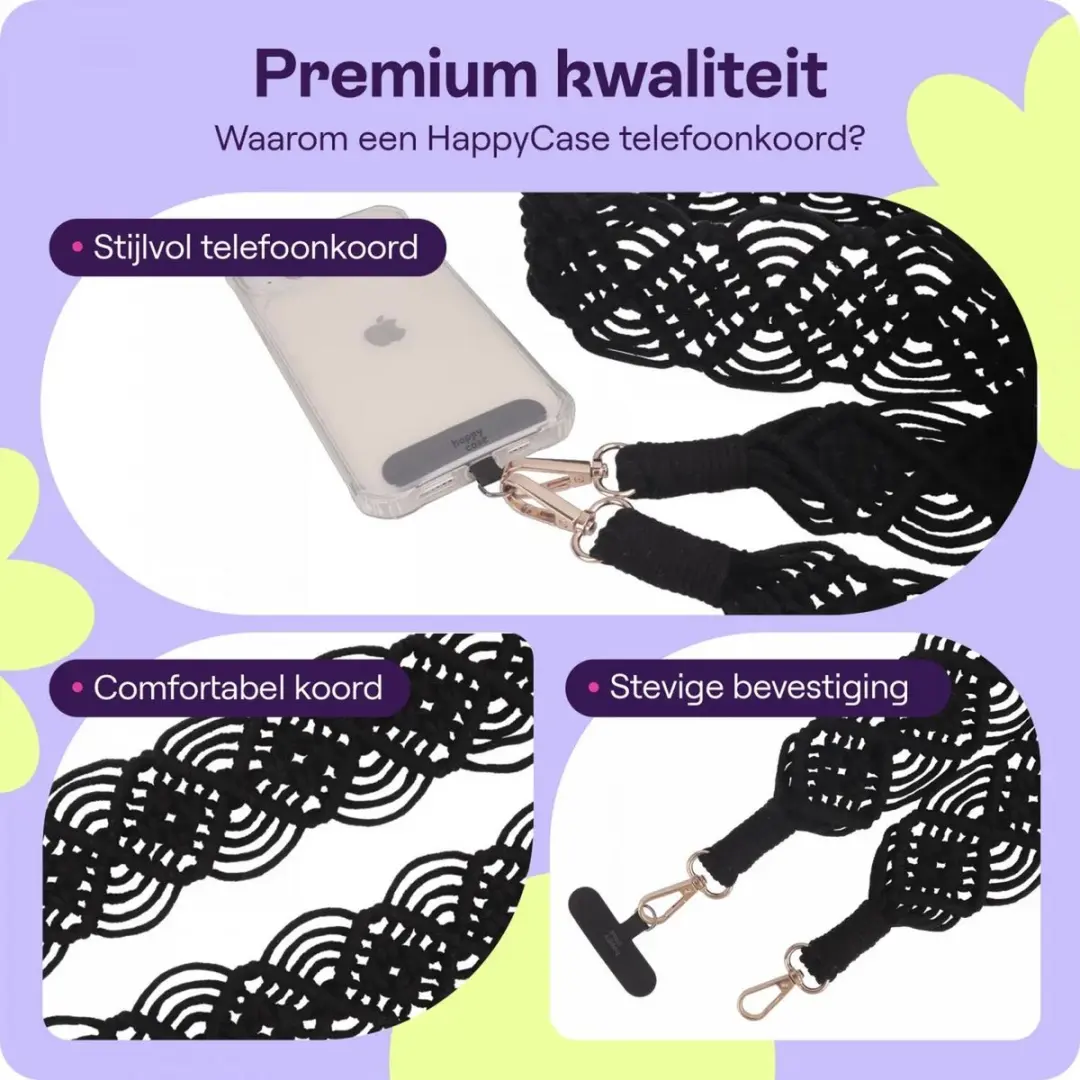 HappyCase Ibiza Stoffen Crossbody Telefoonkoord 120cm - Zwart