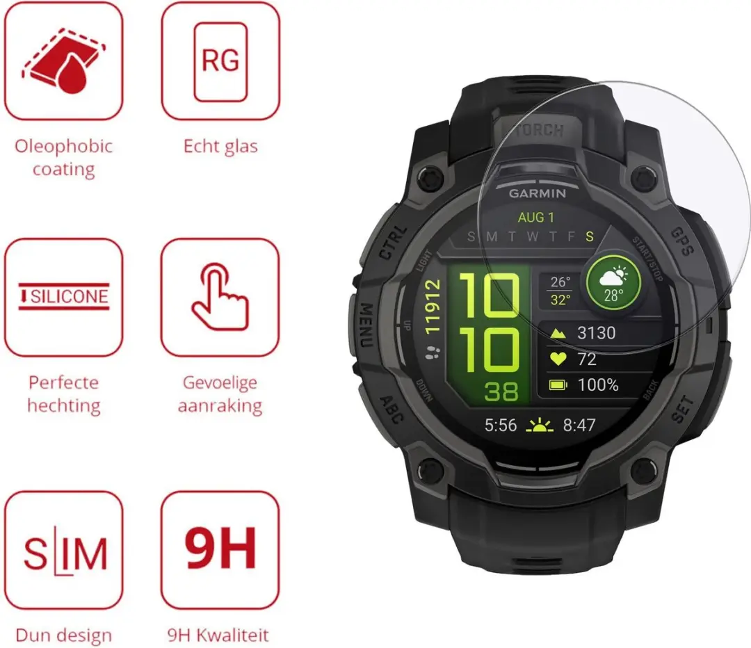 Rosso 9H Tempered Glass Garmin Instinct 3 45mm - 3 Stuks - Transparant/Red