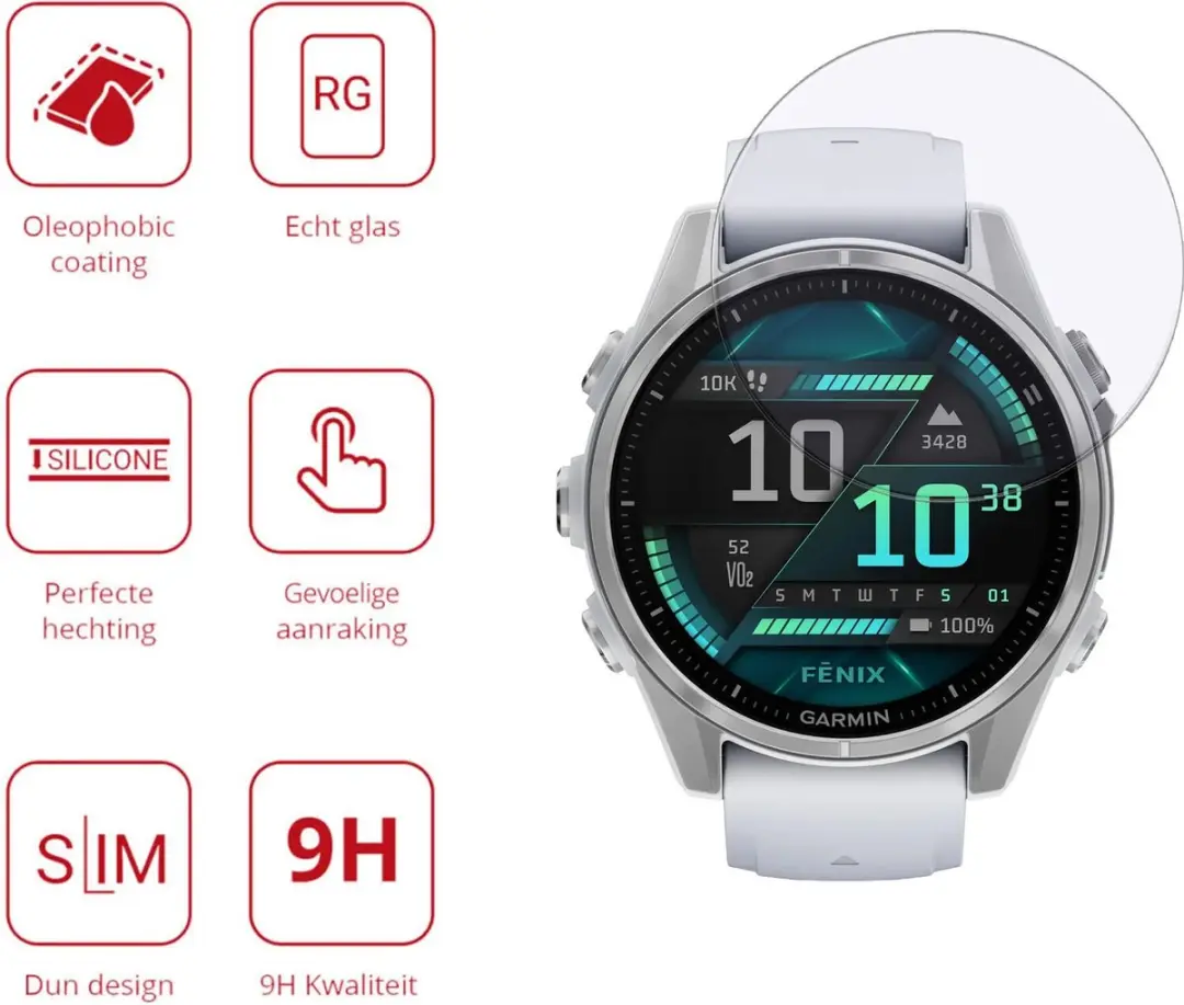 Rosso 9H Tempered Glass Garmin Fenix 8 47mm - 3 Stuks - Transparant/Red