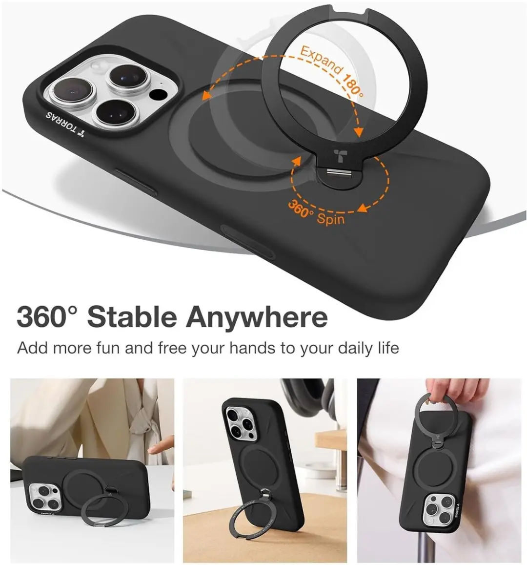 Torras Ostand Q Pro Silicone Hoesje - iPhone 16 Pro - MagSafe - Zwart - afbeelding 6 van 6