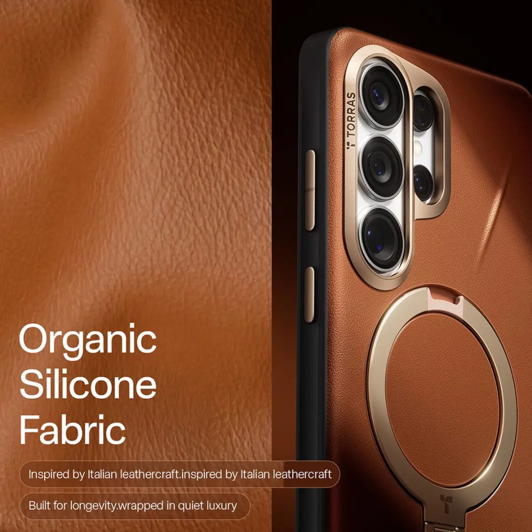 Torras Ostand Q Pro Leather Hoesje S26 Ultra - MagSafe - 360° Draaibare Stand - Bruin