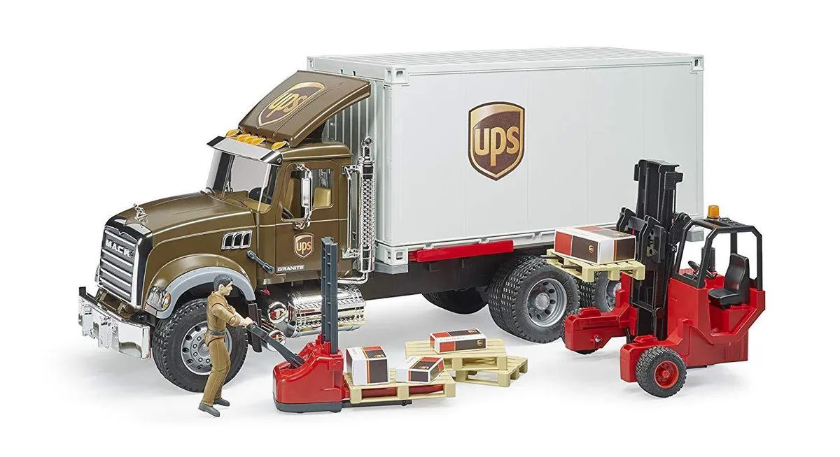 Bruder 2828 Mack Granite UPS met vorkheftruck - Bruin