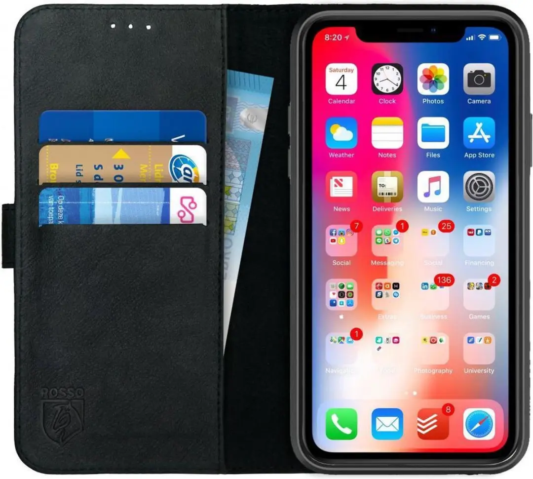 Rosso Deluxe Echt Leer Book Case Hoesje Geschikt voor Apple iPhone XR