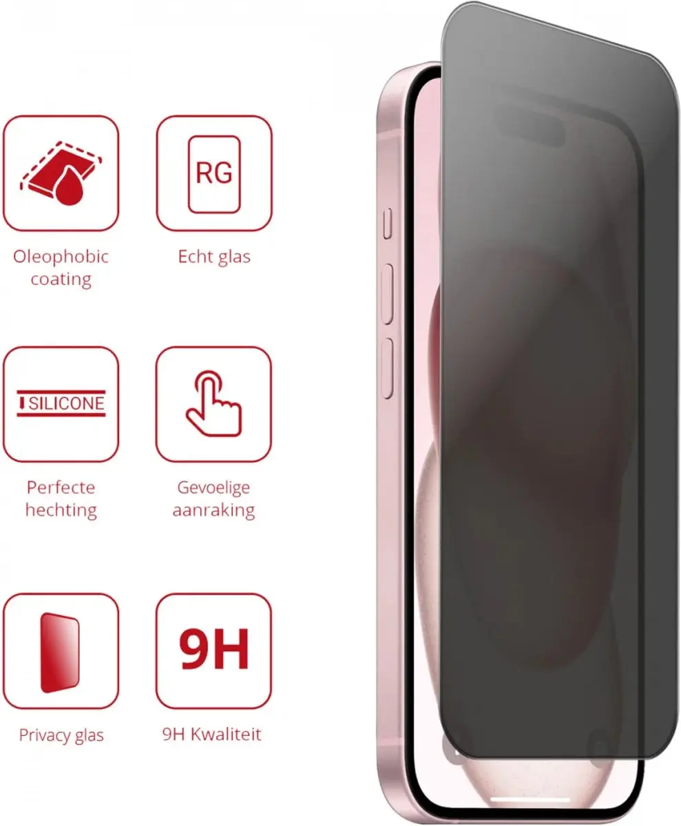 Rosso 9H Privacy Schermbeschermer iPhone 15 Plus - Gehard Glas - afbeelding 6 van 6