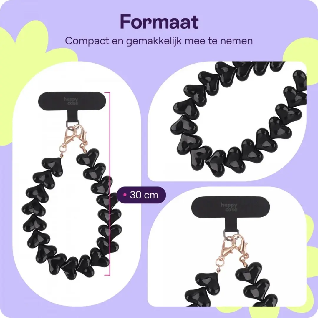 HappyCase Mykonos Universele Hartjes Armband Telefoonkoord 30cm - Zwart