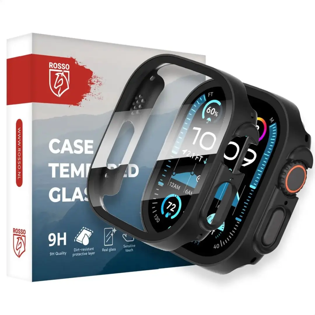 Rosso Tempered Glass met Hoesje Geschikt voor Apple Watch Ultra 3/2/1