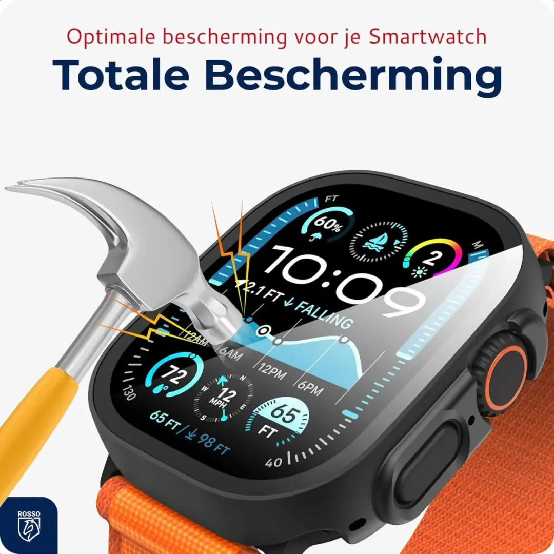 Rosso Tempered Glass Hoesje Apple Watch Ultra 3/2/1 - Full Protect - Zwart