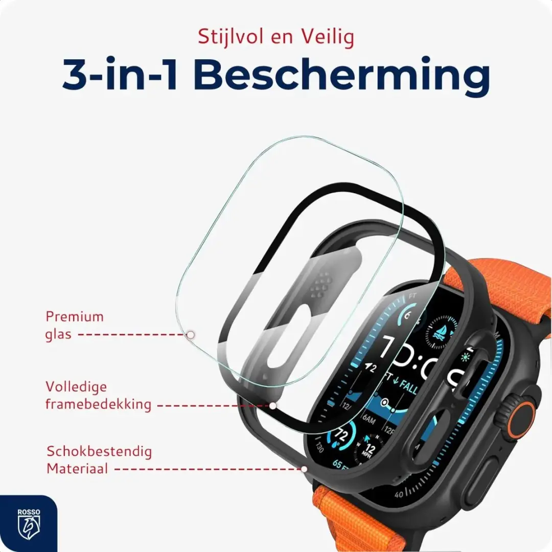 Rosso Tempered Glass Hoesje Apple Watch Ultra 3/2/1 - Full Protect - Zwart