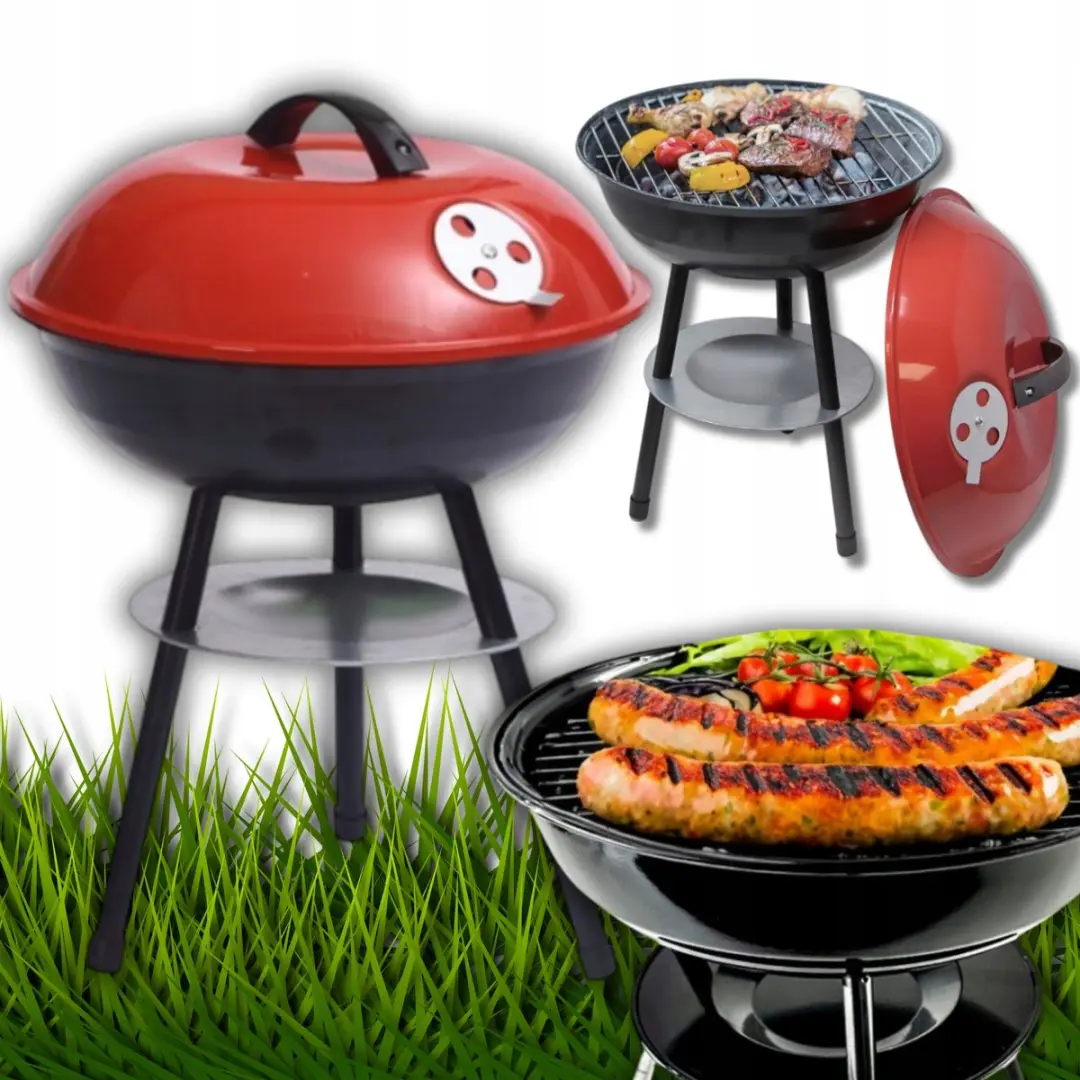 Draagbare ronde houtskoolbarbecue met deksel en bakje