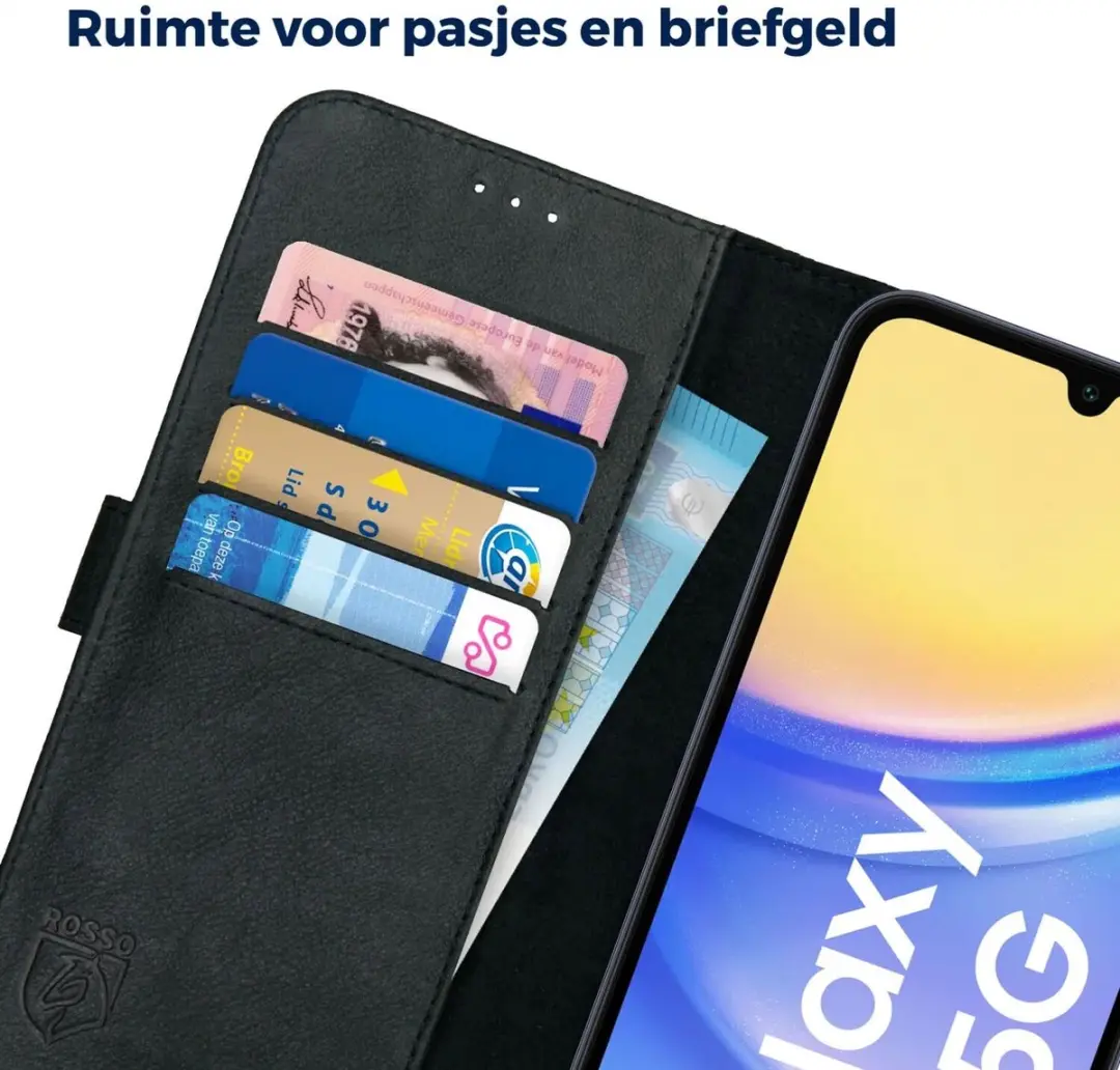 Rosso Deluxe Book Case Samsung Galaxy A15 - 3 Pasjes - Zwart - afbeelding 6 van 6