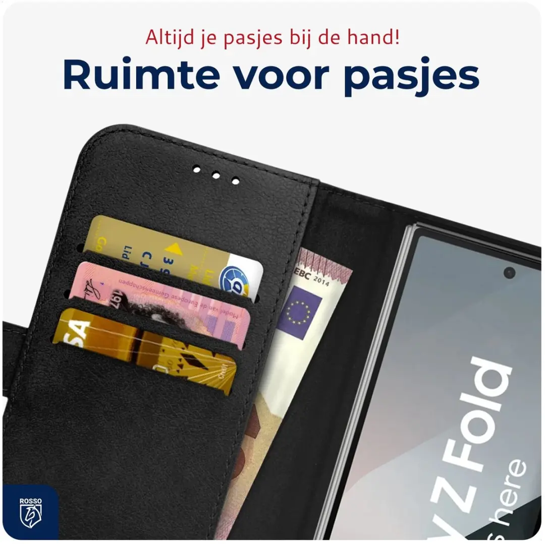 Rosso Deluxe Echt Leer Hoesje Zwart - Samsung Galaxy Z Fold 7 - 3 Pasjes