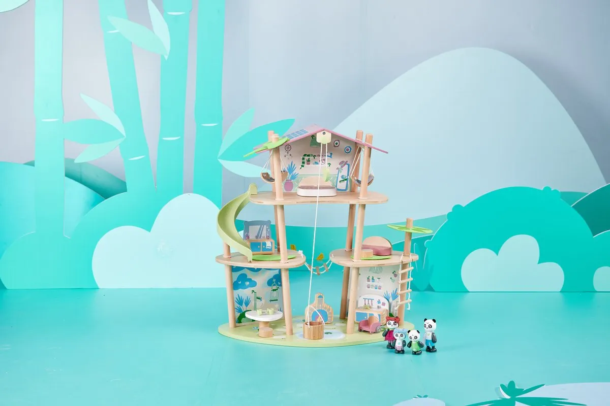 Hape Panda's Bamboe Huis - 16 Meubels 4 Poppen - Veelkleurig