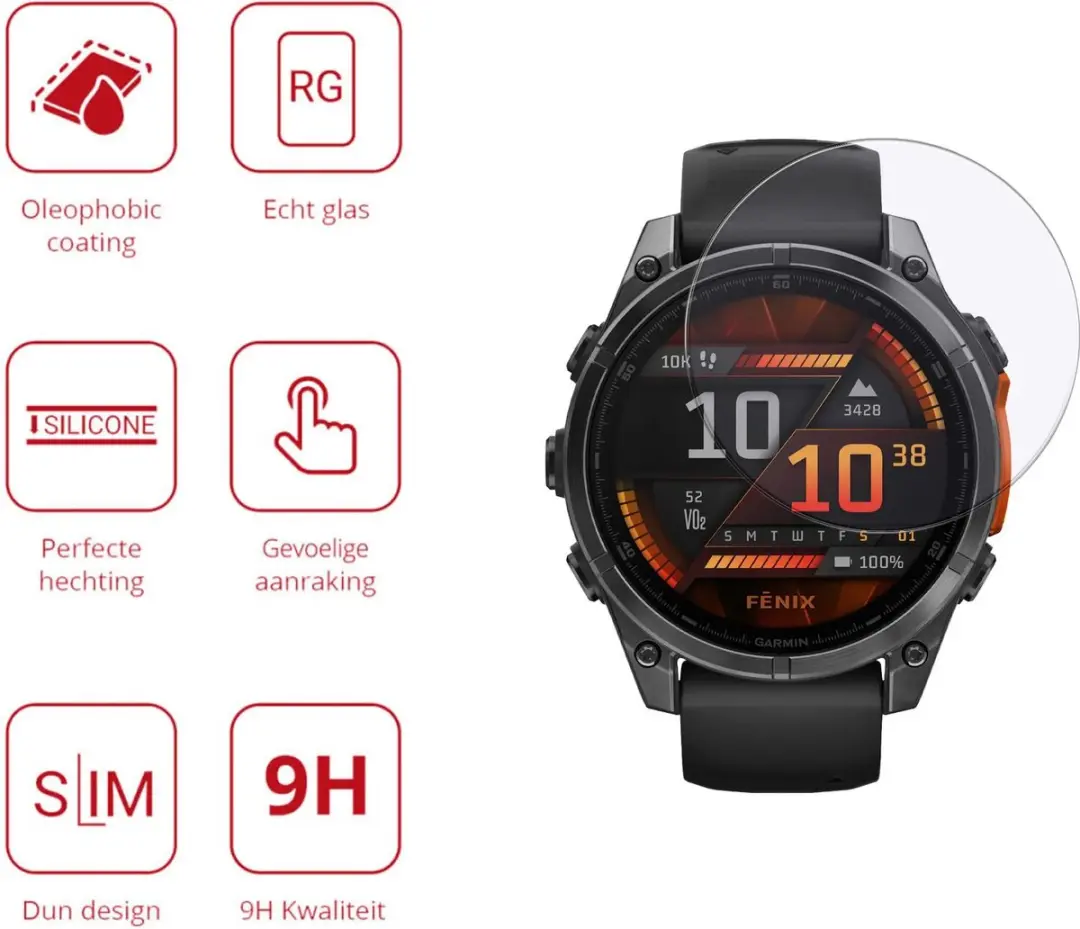 Rosso 9H Tempered Glass Screen Protector Garmin Fenix 8 47mm - 3 Stuks - Transparant/Red