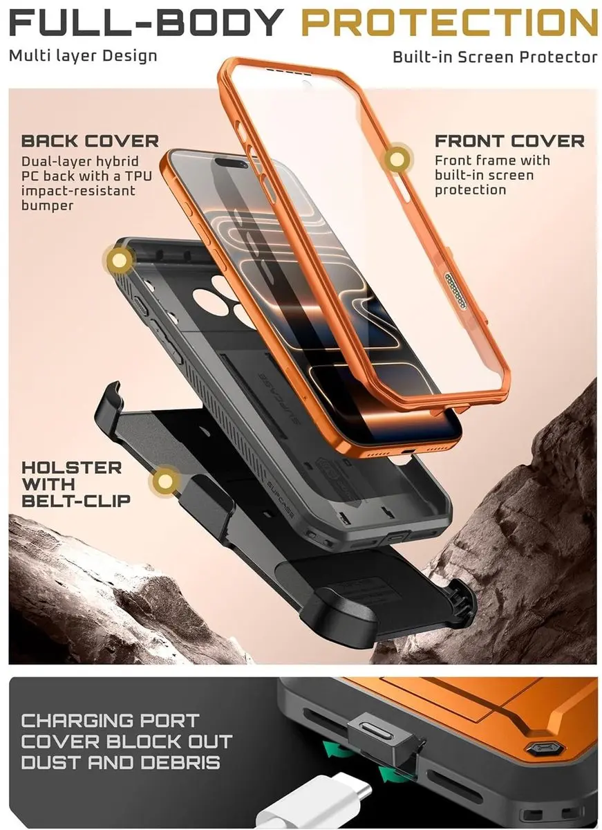 Supcase Unicorn Beetle Pro BACK-SPC-PRO-OG-17X iPhone 17 Pro Max Hoesje - Oranje - afbeelding 6 van 6