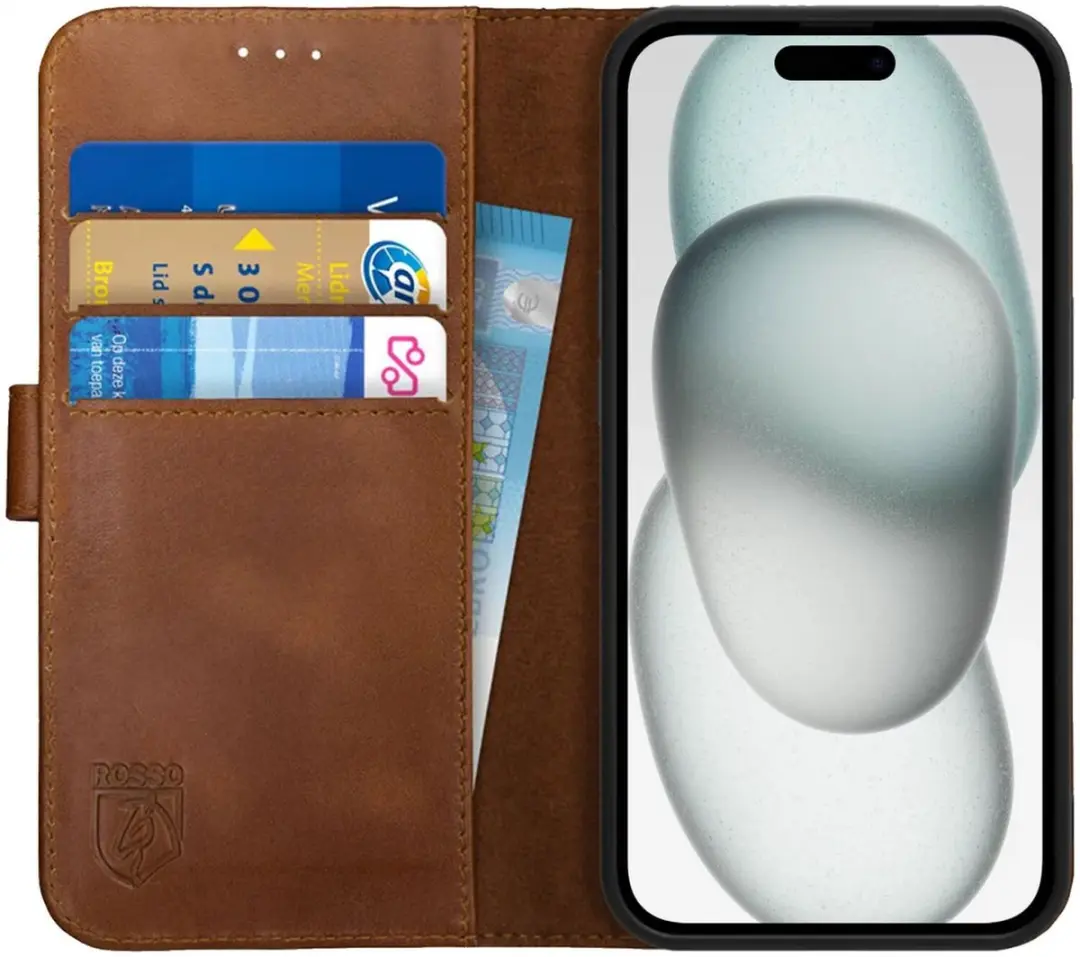 Rosso Deluxe Echt Leer Book Case Hoesje Geschikt voor Apple iPhone 15