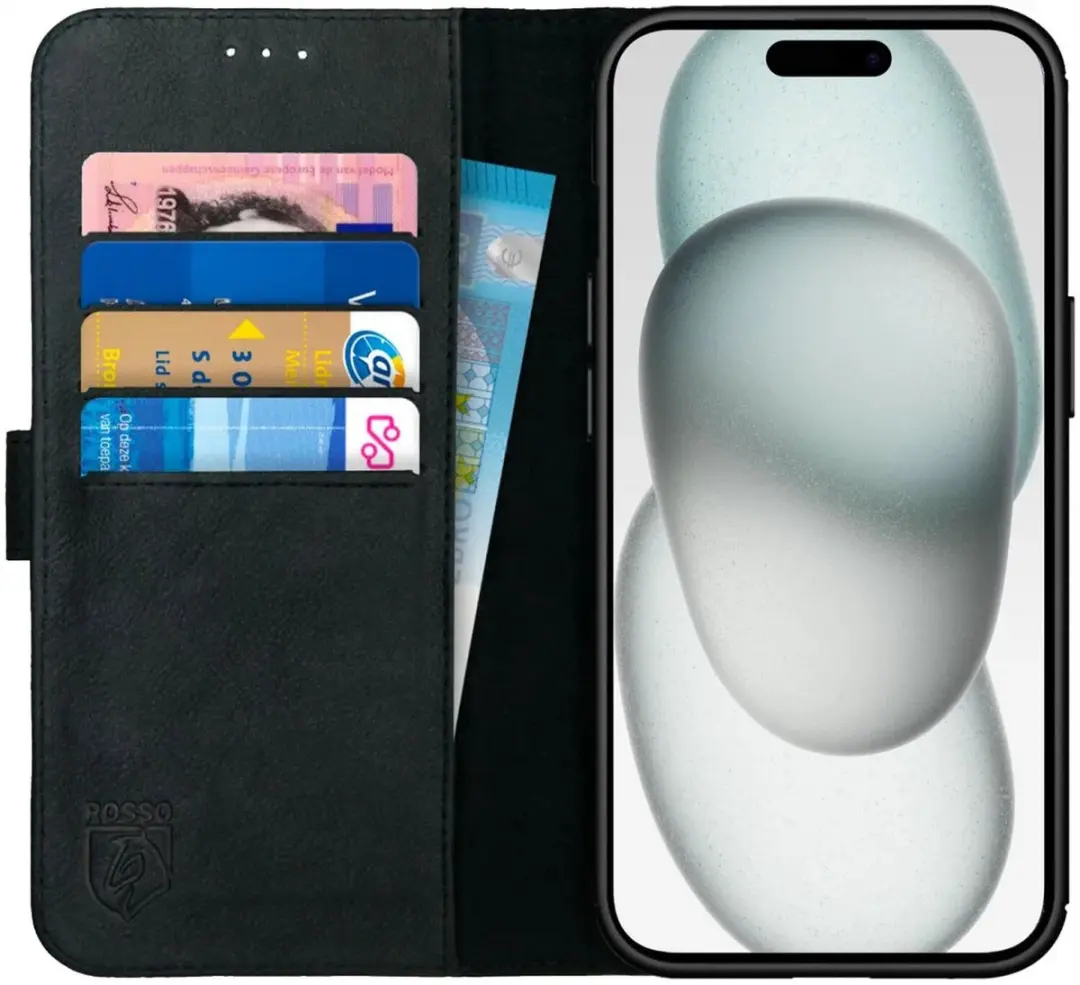 Rosso Deluxe Echt Leer Book Case Hoesje Geschikt voor Apple iPhone 15 Plus