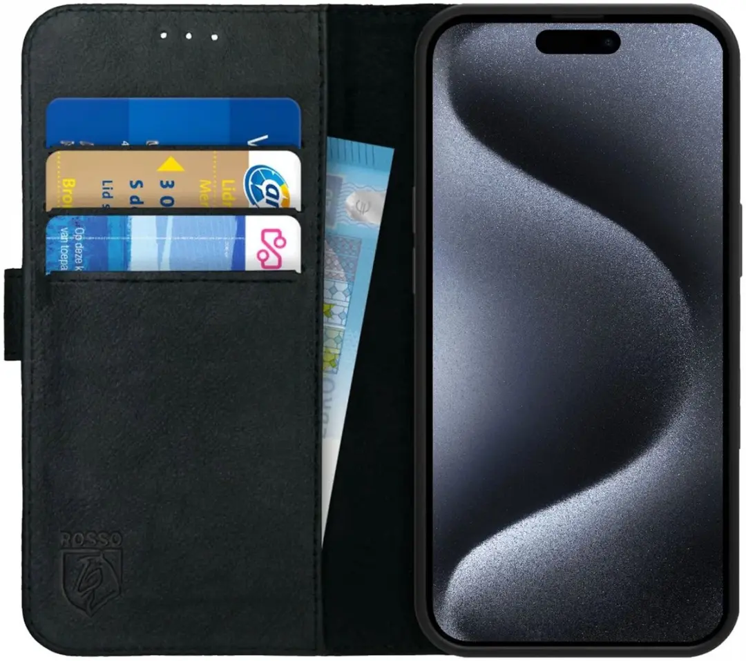 Rosso Deluxe Echt Leer Book Case Hoesje Geschikt voor Apple iPhone 15 Pro