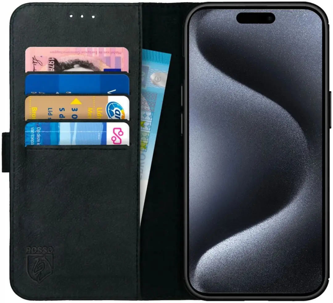 Rosso Deluxe Echt Leer Book Case Hoesje Geschikt voor Apple iPhone 15 Pro Max