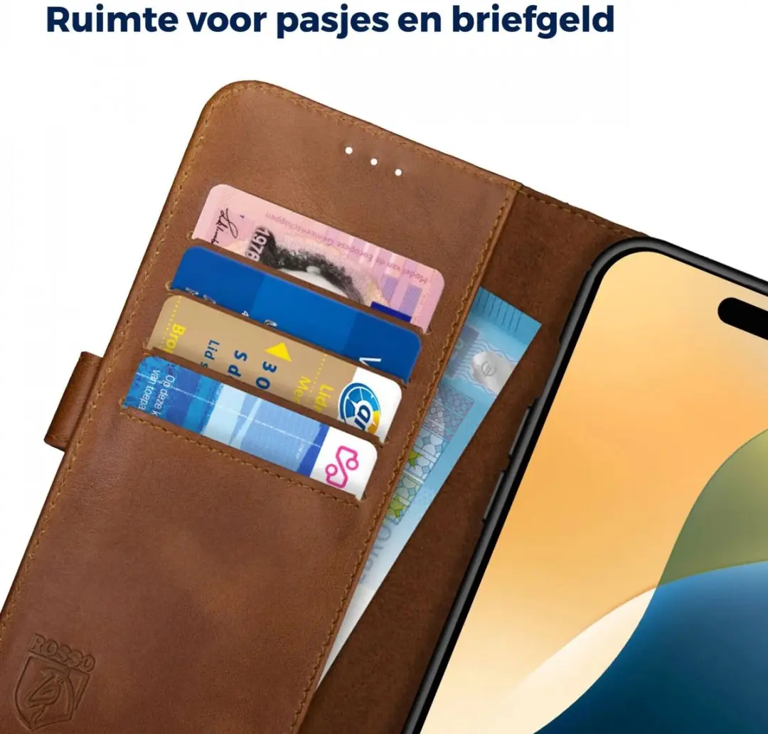 Rosso Deluxe Echt Leer Hoesje 193586 - iPhone 16 Pro Max - 3 Pasjes - Bruin