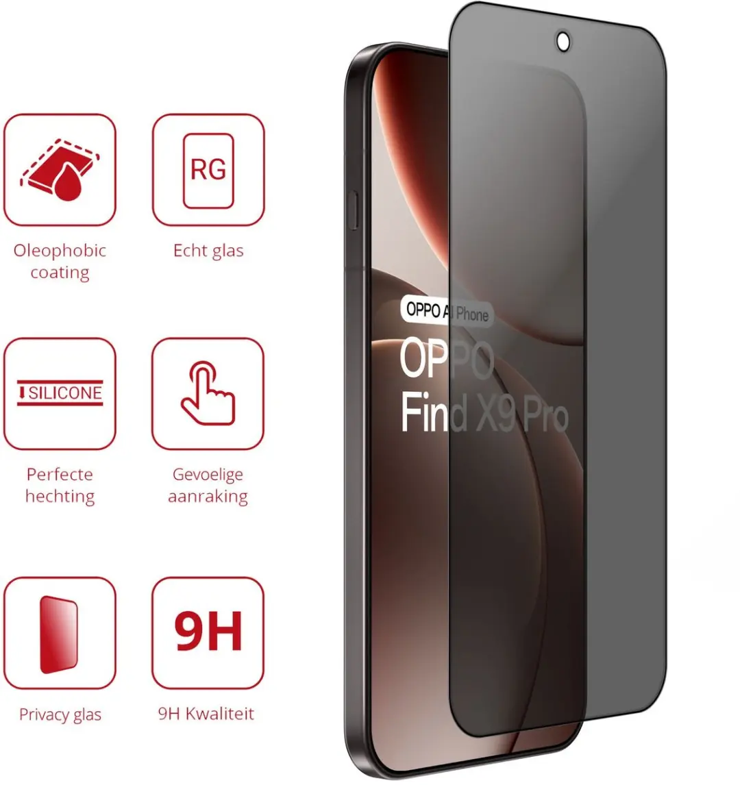 Rosso Privacy Screen Protector Oppo Find X9 Pro - 9H Glas - Case Friendly