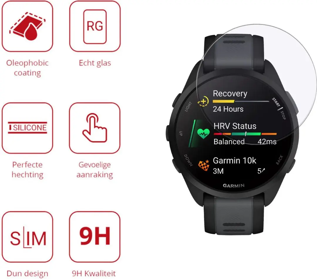 Rosso 9H Tempered Glass Screen Protector Garmin Forerunner 165 - 3 Stuks - Transparant/Red