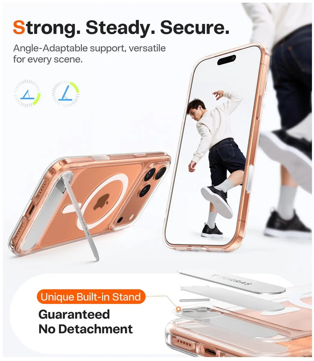 Torras UPro Pstand Hoesje iPhone 17 Pro Max - Transparant/Zwart - MagSafe