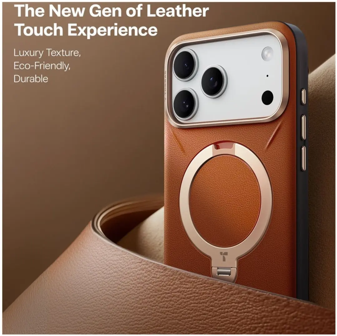 Torras Ostand Q Pro Leather Hoesje iPhone 17 Pro Max - MagSafe 360° Draaibaar - Bruin
