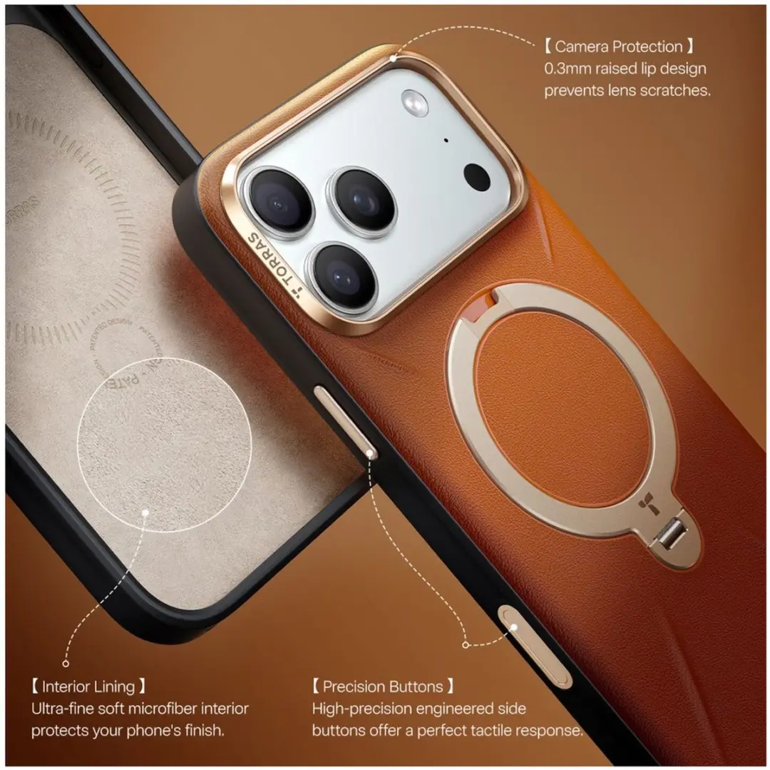 Torras Ostand Q Pro Leather Hoesje iPhone 17 Pro Max - MagSafe 360° Draaibaar - Bruin