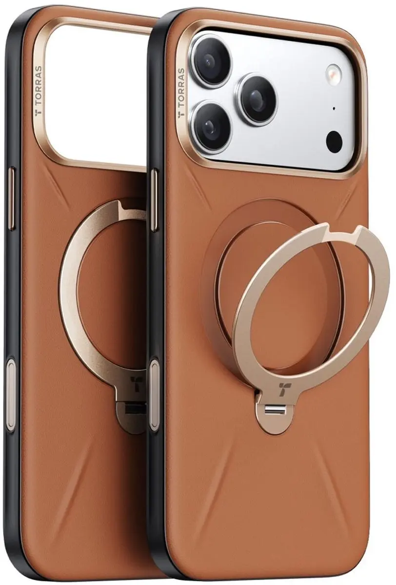 Torras Ostand Q Pro Leather Hoesje iPhone 17 Pro Max - MagSafe 360° Draaibaar - Bruin - afbeelding 6 van 6