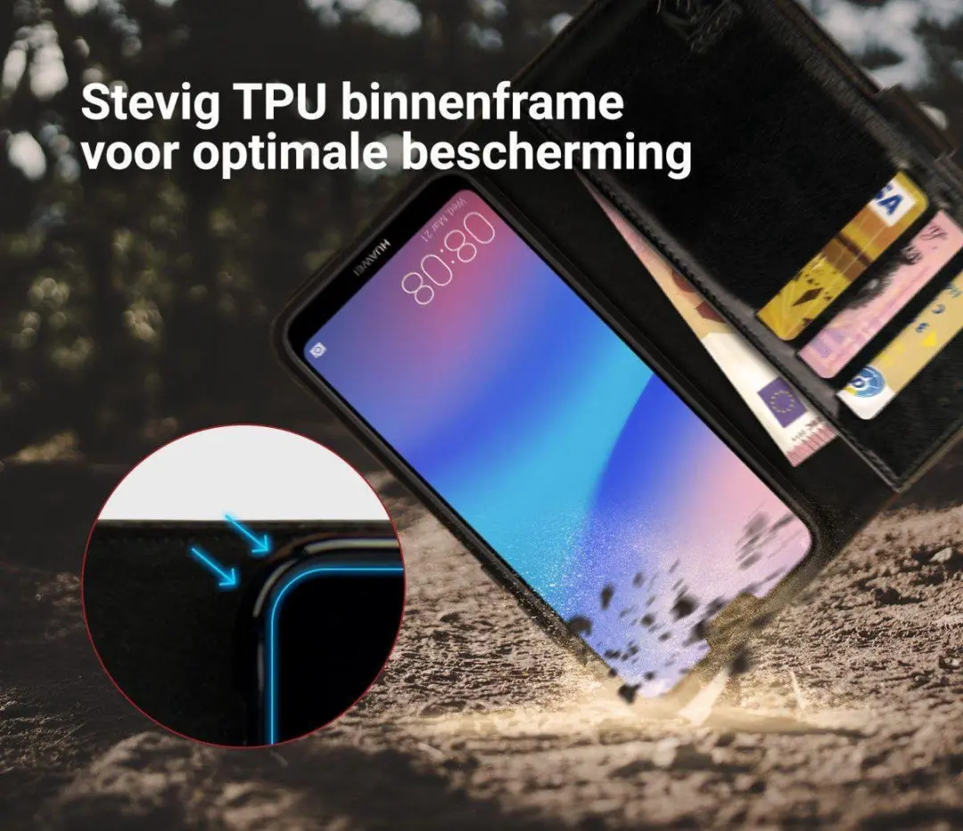 Rosso Element Book Case Wallet - Huawei P20 Lite - 3 Pasjes - Zwart - afbeelding 6 van 6