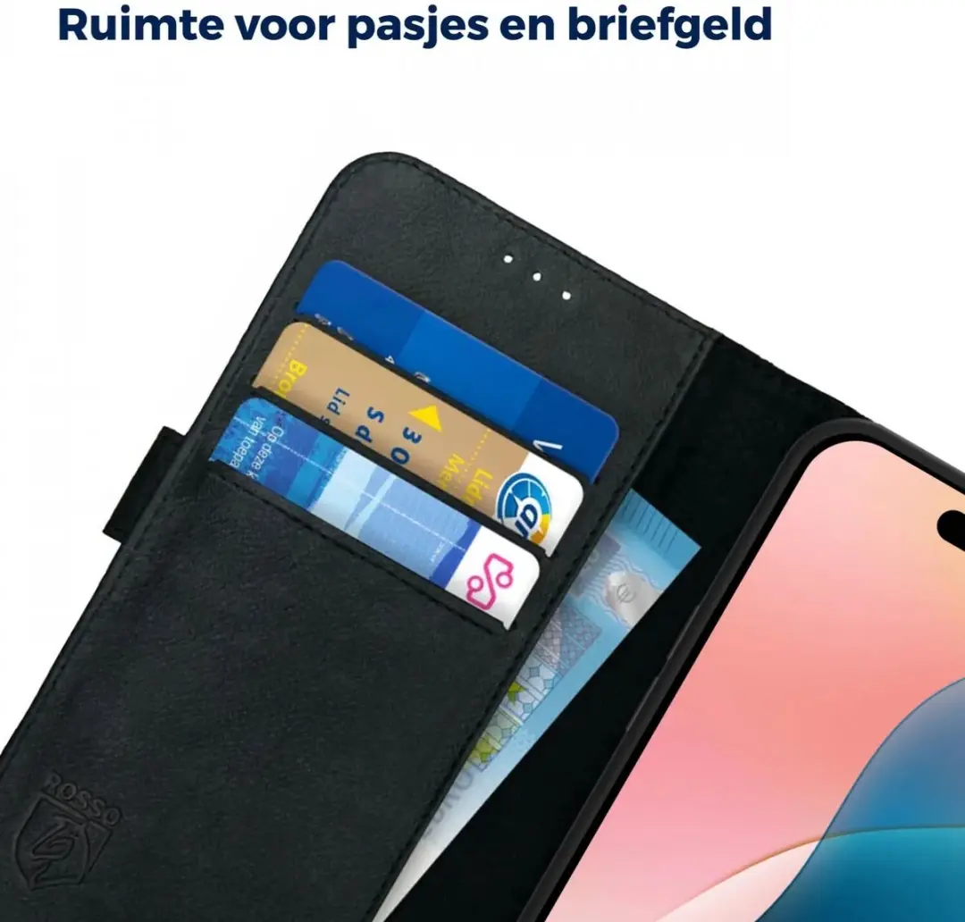 Rosso Deluxe Echt Leer Hoesje iPhone 16 Plus - 3 Pasjes - Zwart
