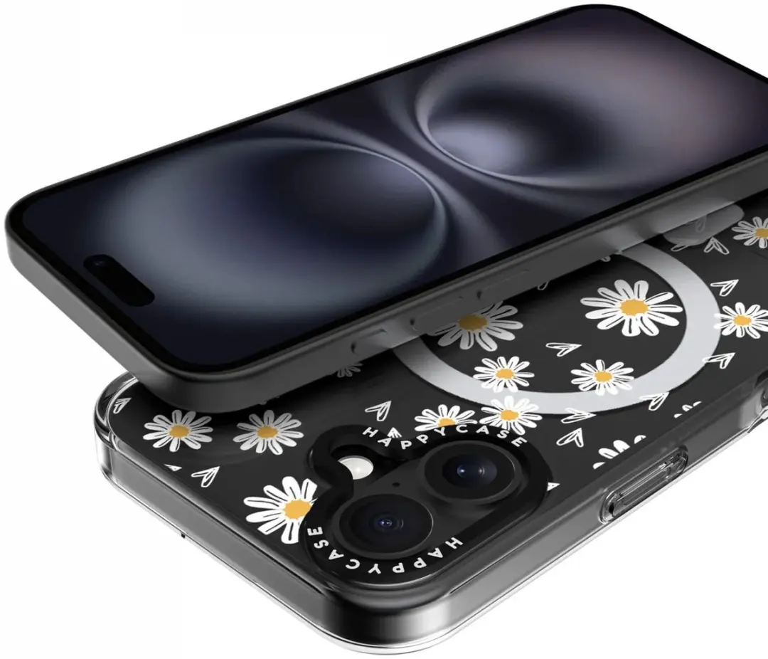 HappyCase Joy Hoesje iPhone 16 - Daisy Hearts Print - Geel/Transparant