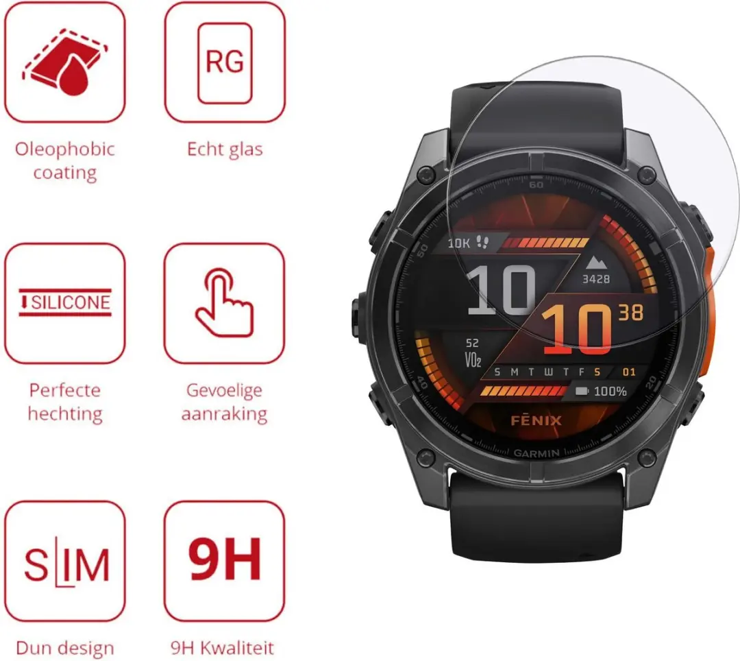 Rosso 9H Tempered Glass Garmin Fenix 8 51mm - 3 Stuks - Transparant/Red