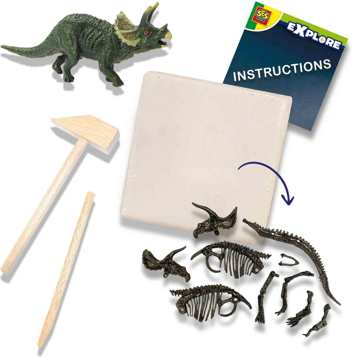 SES Creative Dino & Skelet Opgraven 2-in-1 Triceratops - Complete set
