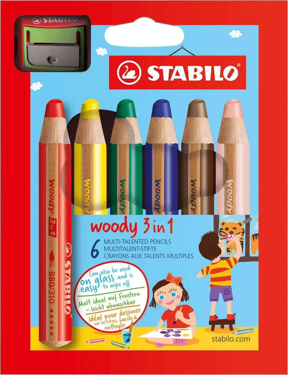 STABILO woody 3 in 1 - Multi Talent Kleurpotloden - Etui Met 6 Kleuren + puntenslijper