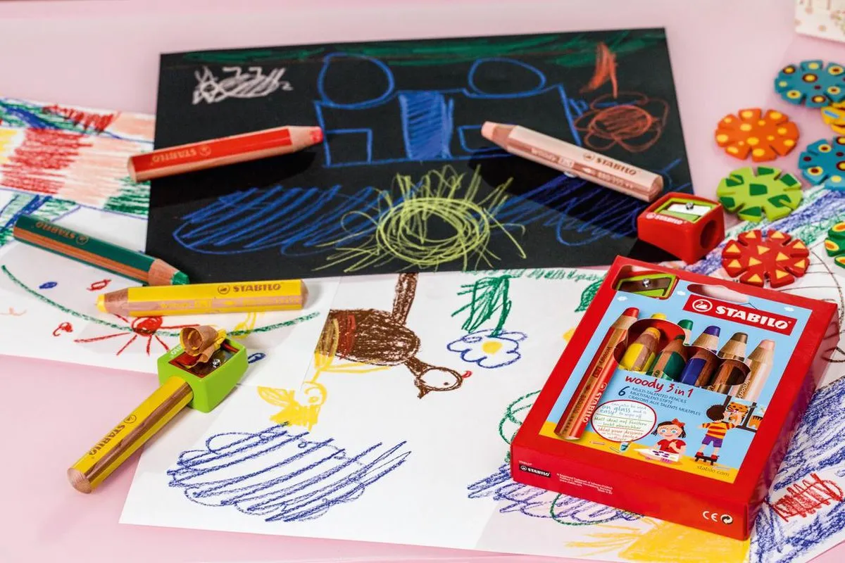 STABILO woody 3 in 1 - Multi Talent Kleurpotloden - Etui Met 6 Kleuren + puntenslijper