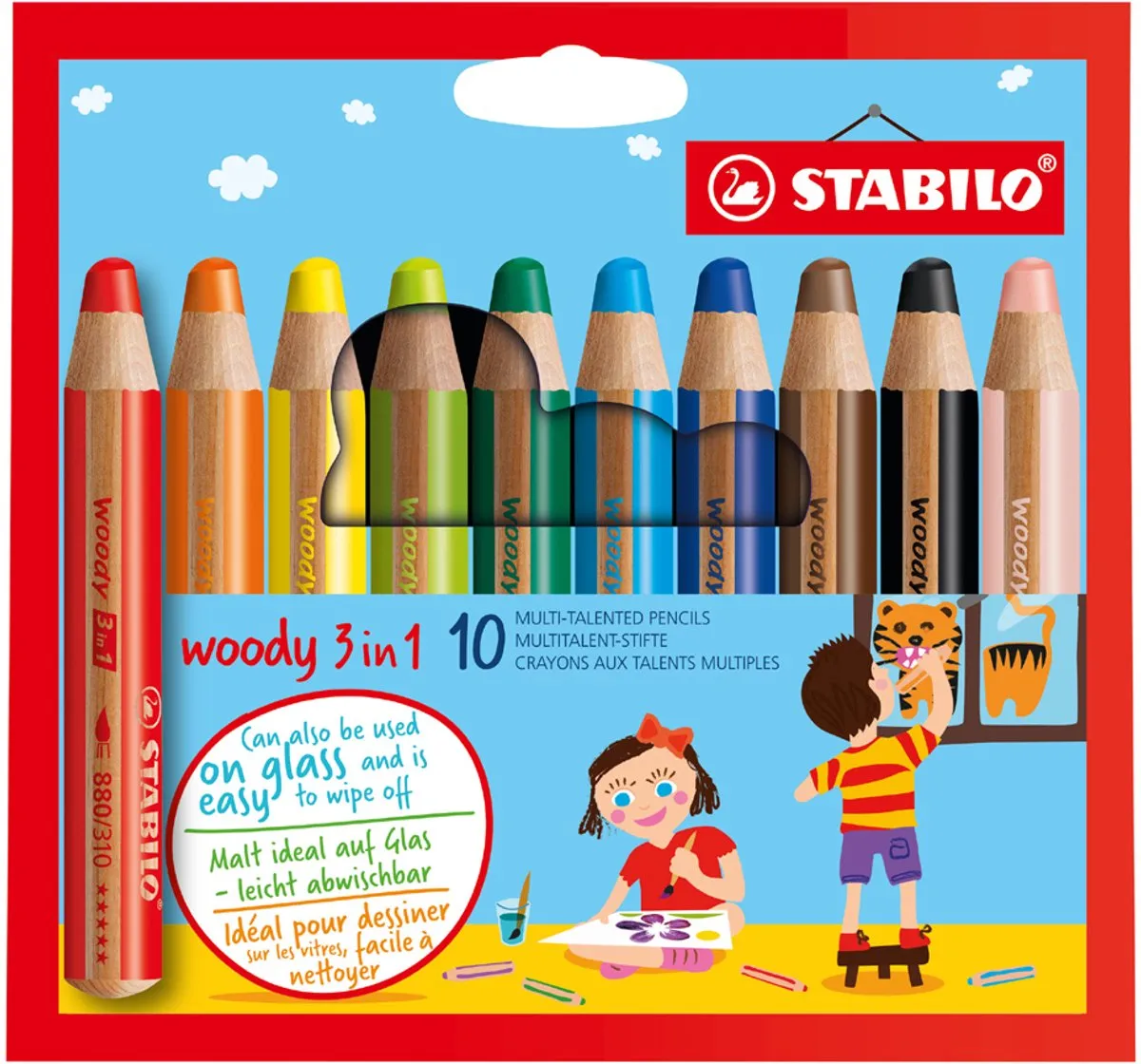 STABILO woody 3 in 1 - Multi Talent Kleurpotloden - Etui Met 6 Kleuren + puntenslijper