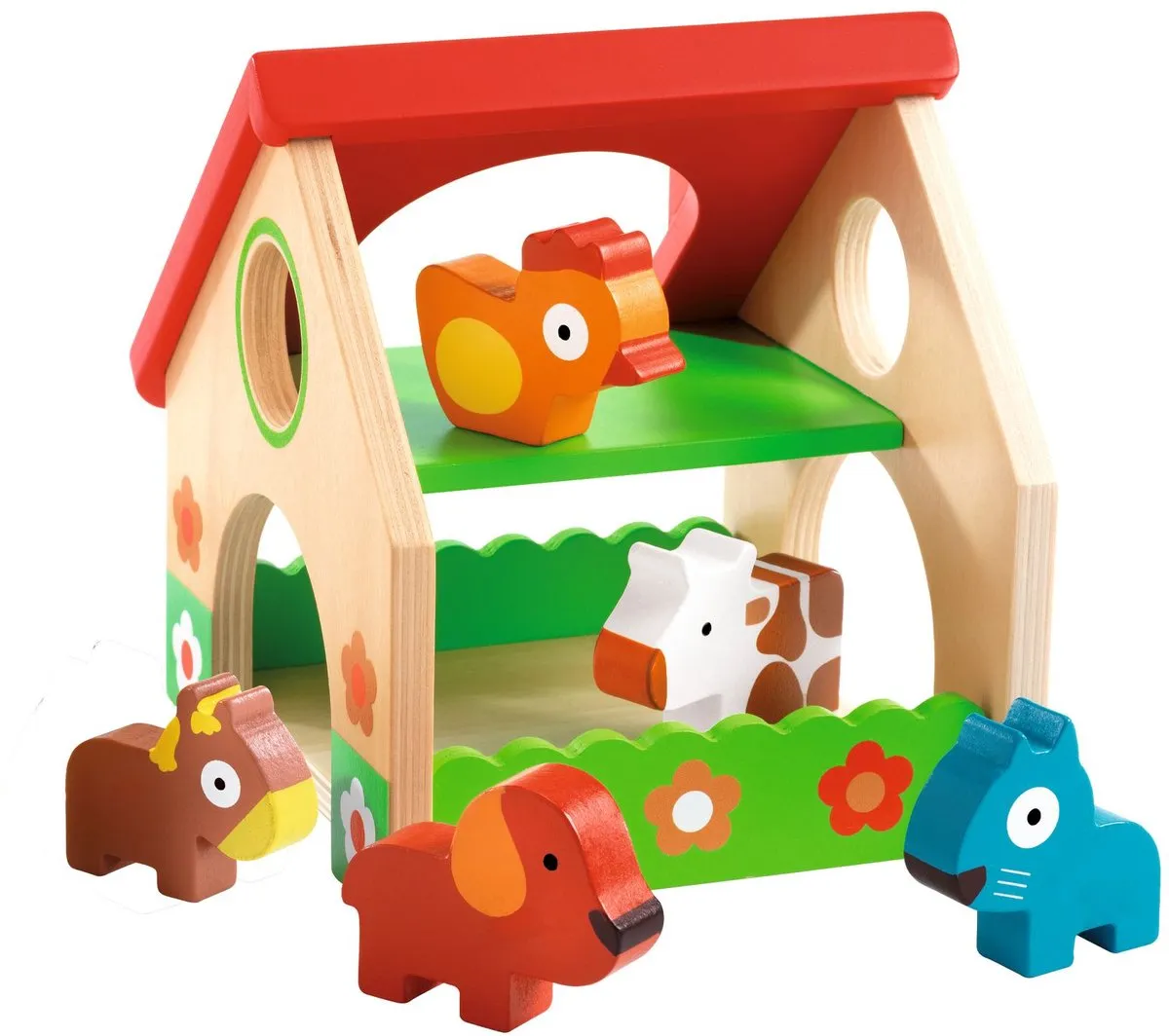 Djeco Minifarm Houten Boerderij - DJ06388 - 5 Dieren - Rood/Blauw/Naturel