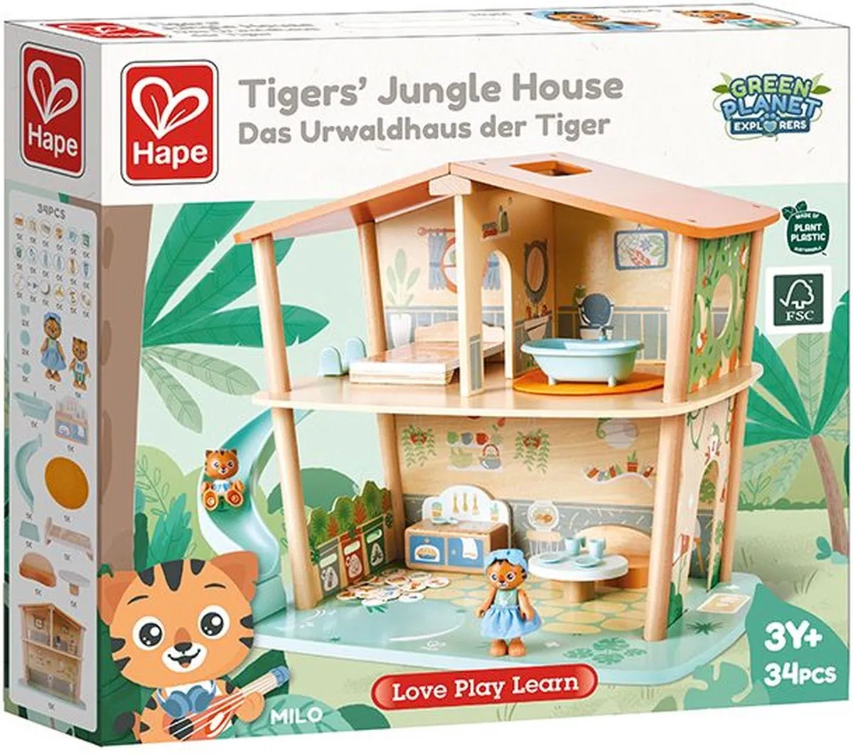 Hape Tijgers Jungle Huis Poppenhuis - 18 Meubels 2 Poppen - Veelkleurig