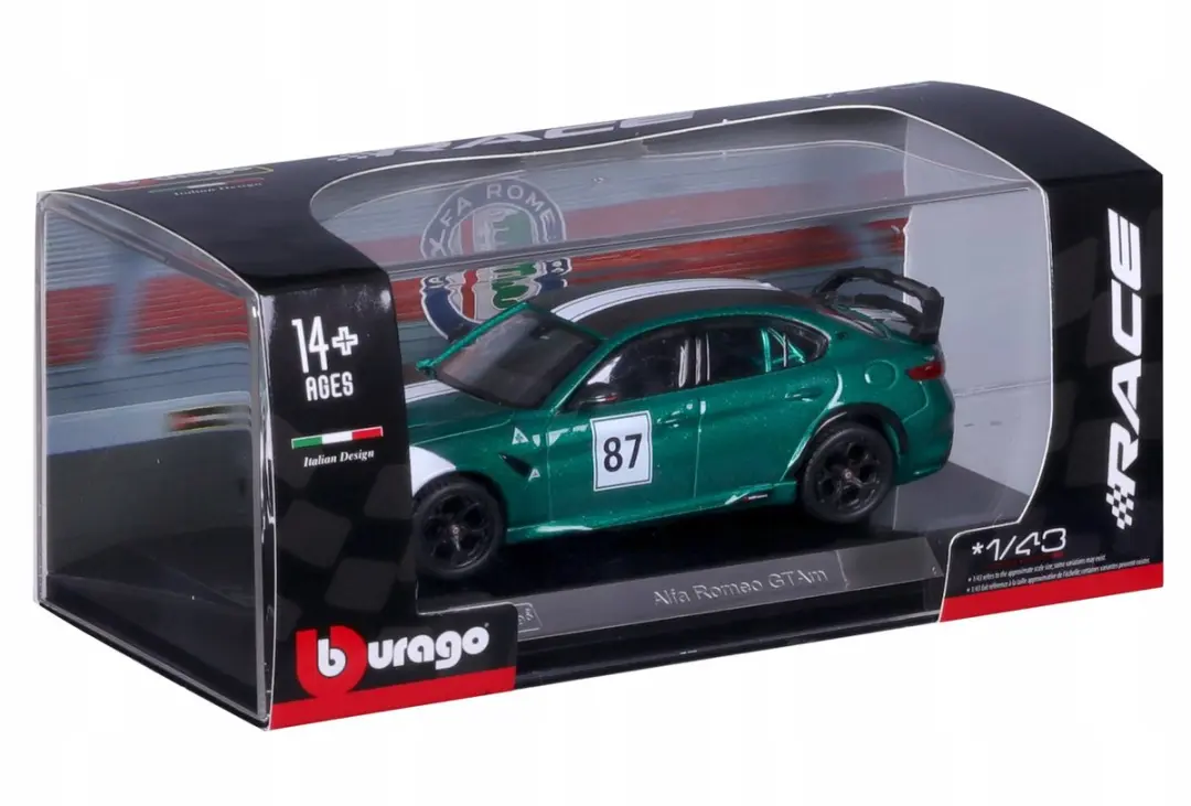 Bburago Alfa Romeo Giulia GTAm 1:43 Modelauto - Zwart/Wit/Groen - afbeelding 4 van 5