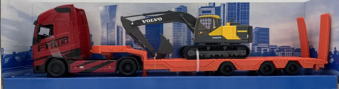 Bburago Volvo FH16 Globetrotter 750 XXL met EC220E 1:43 - Rood/Geel - afbeelding 2 van 6